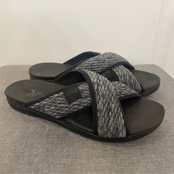 FITFLOP Women's Artknit Cross Slide Black Mix Fabric - Size 9 - Picture 1 of 12